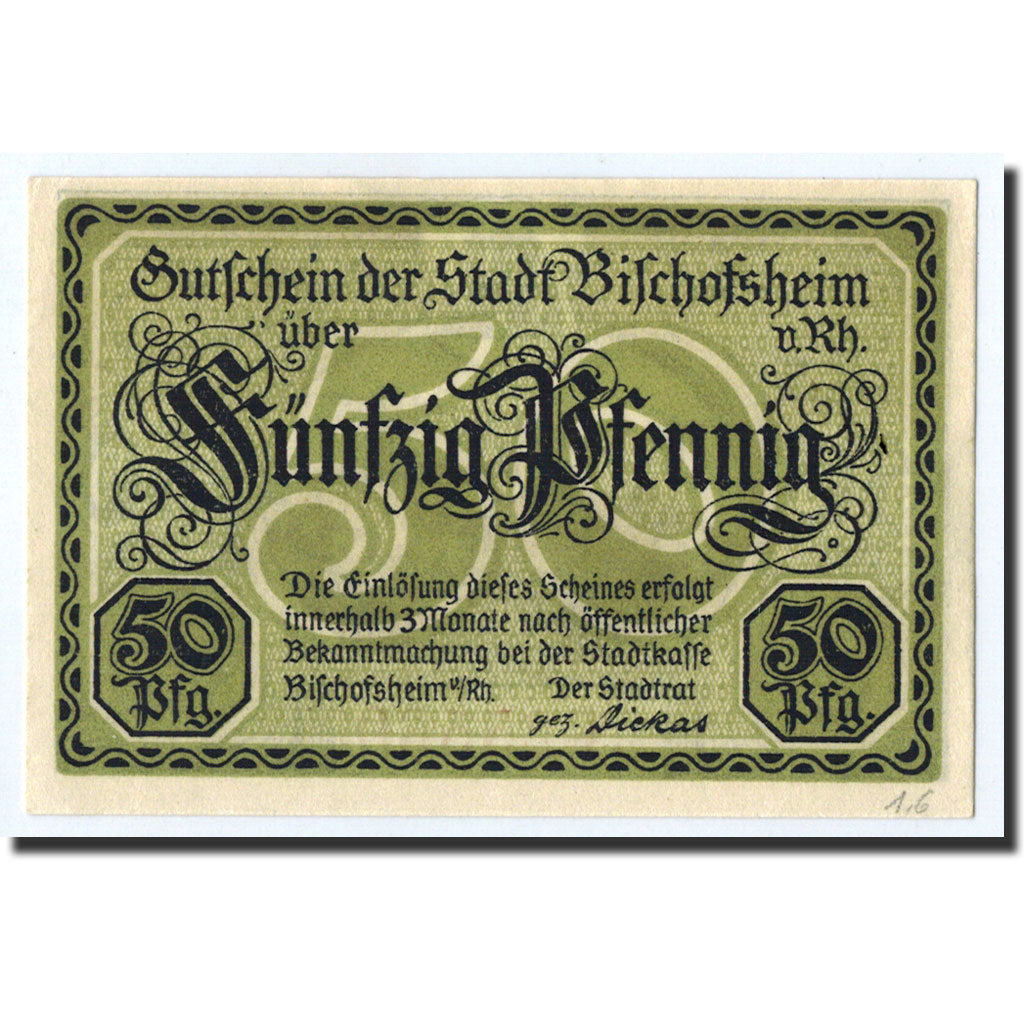 Billet, Allemagne, Bischofsheim v. Rhon Stadt, 50 Pfennig, paysage, O.D