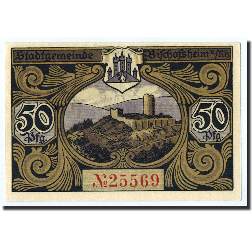 Billet, Allemagne, Bischofsheim v. Rhon Stadt, 50 Pfennig, paysage, O.D