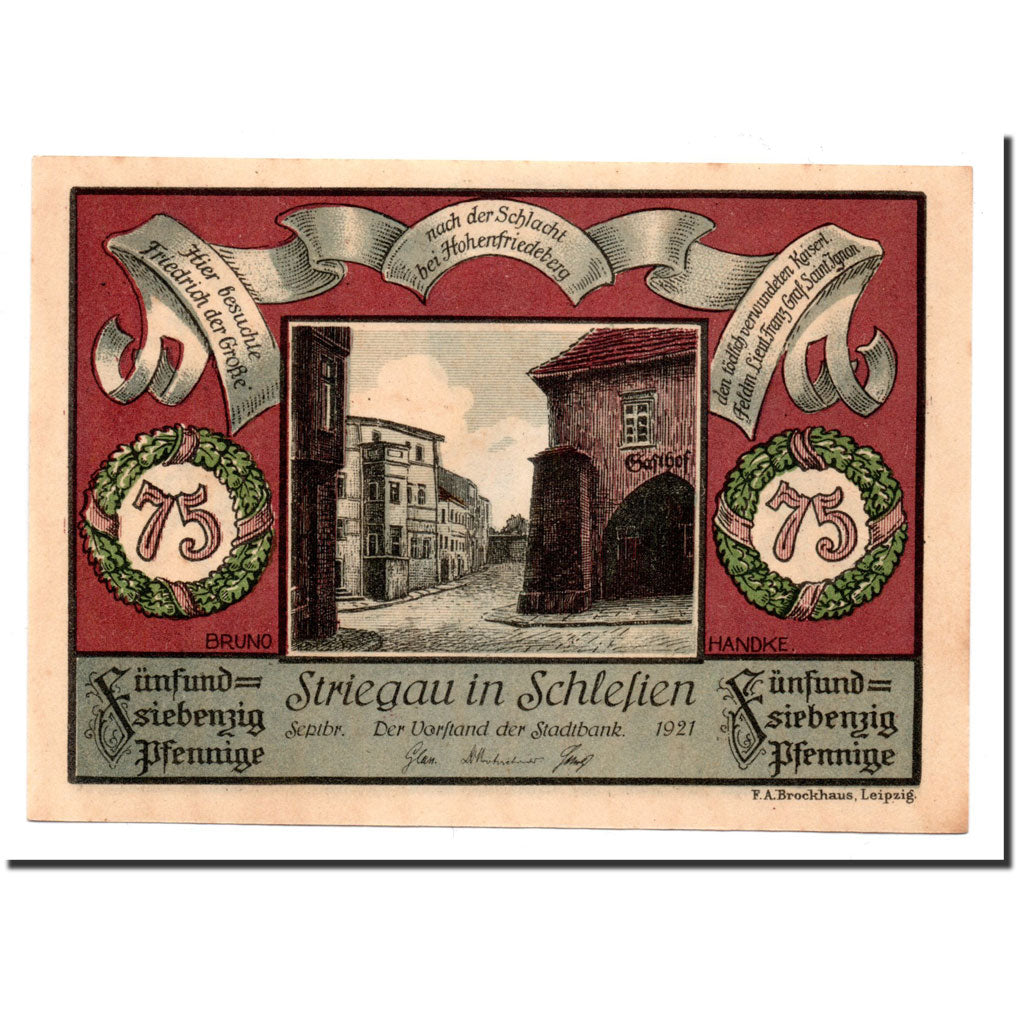 Biljet, Duitsland, Striegau, 75 Pfennig, portrait 1, 1921, Undated, SPL