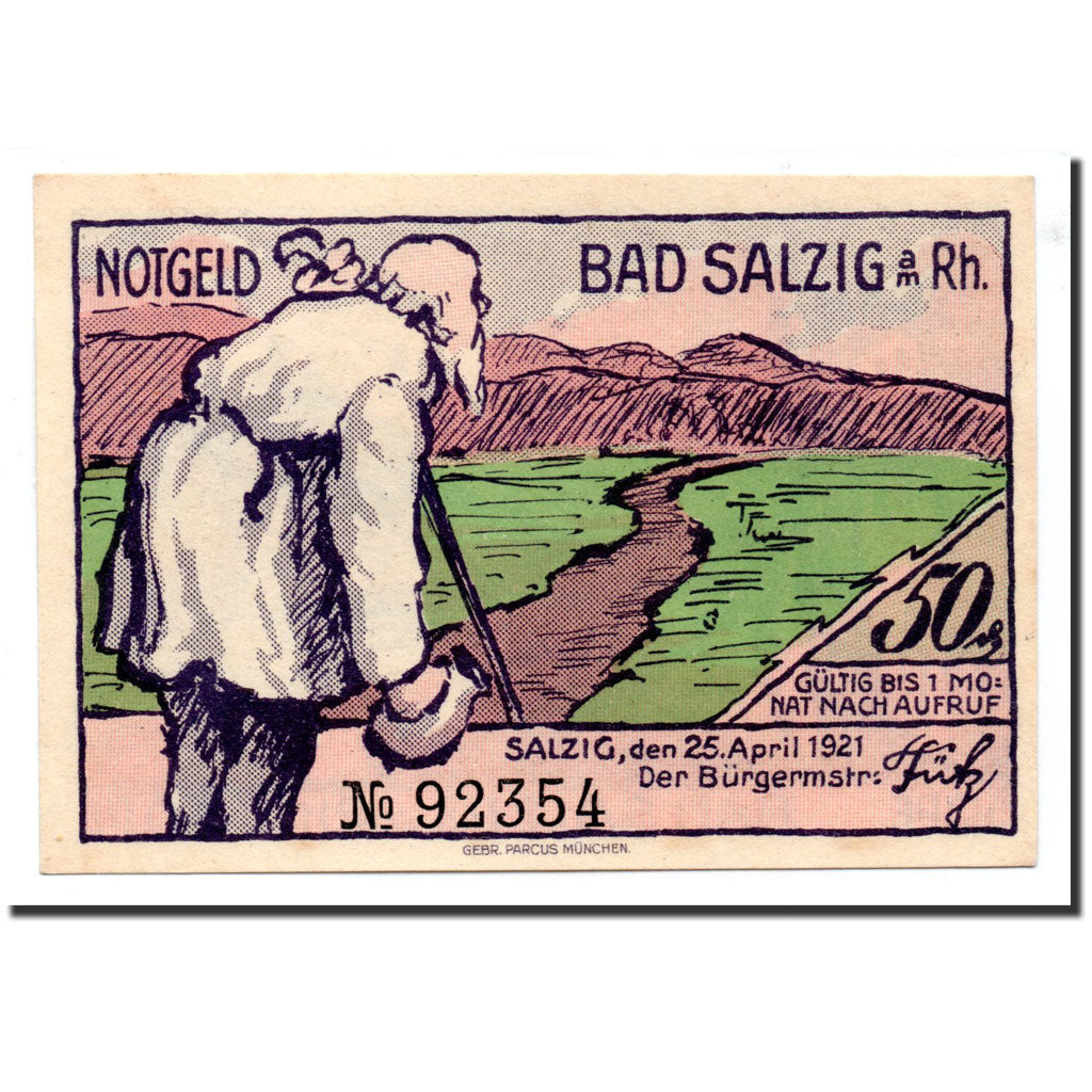 Biljet, Duitsland, Salzig, 50 Pfennig, paysage 1, 1921, 1921-04-25, NIEUW