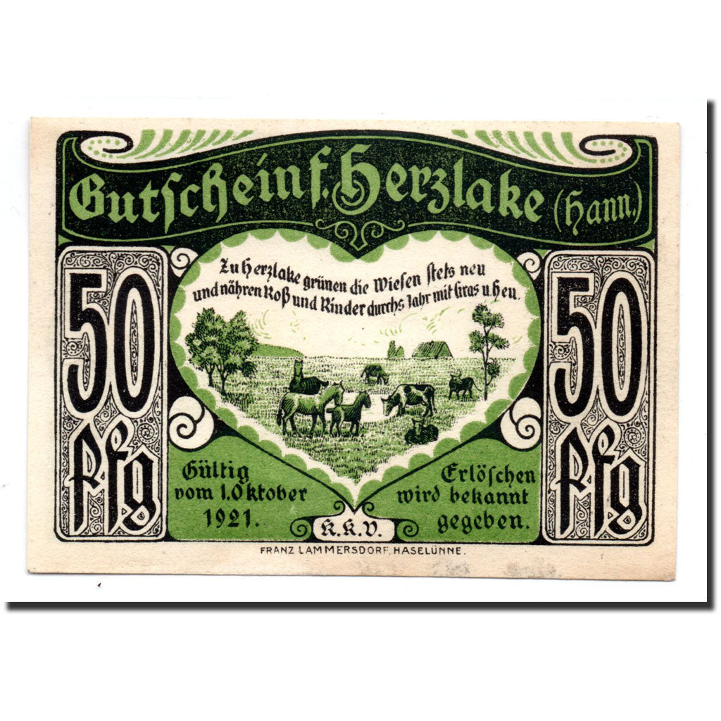 Billet, Allemagne, Herzlake, 50 Pfennig, paysage, 1921, 1921-10-01, NEUF