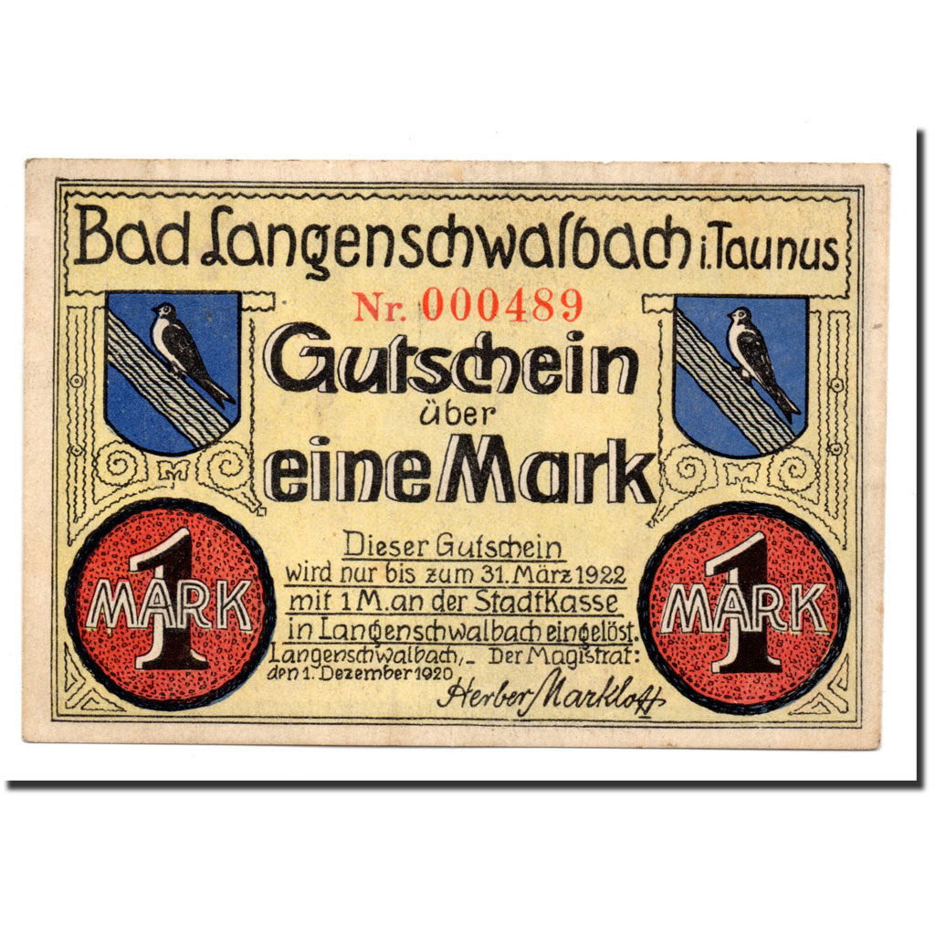 Billet, Allemagne, Langenschwalbach, 1 Mark, personnage, 1920, 1920-12-01, SPL