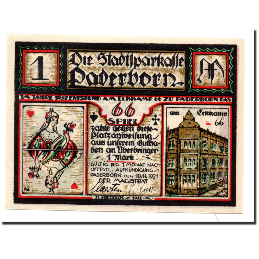 Billet, Allemagne, Paderborn, 1 Mark, personnage, 1921, 1921-11-10, SPL