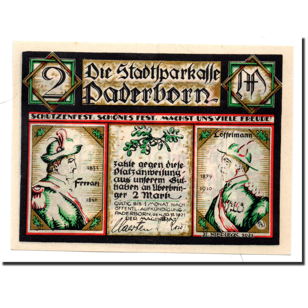 Biljet, Duitsland, Paderborn, 2 Mark, personnage, 1921, 1921-11-10, SPL