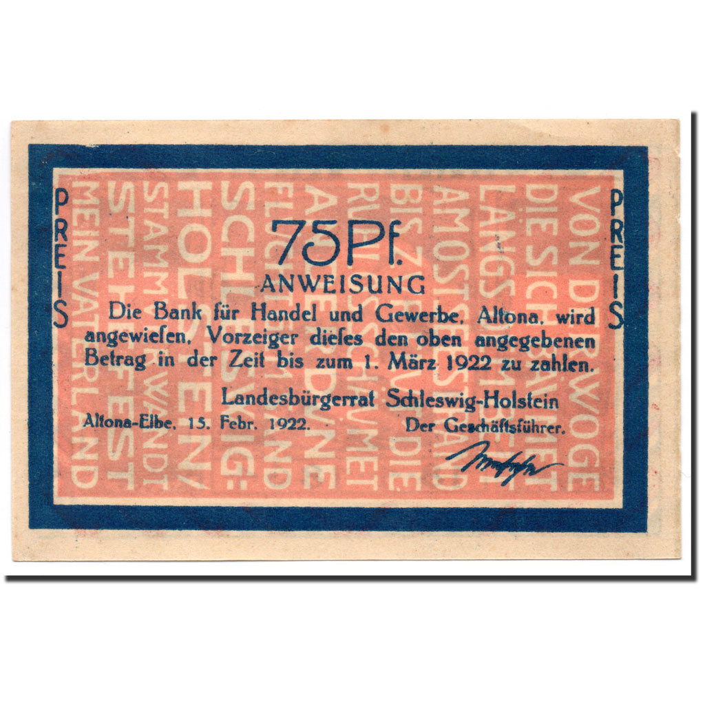 Biljet, Duitsland, Altona, 75 Pfennig, paysage, 1922, 1922-02-15, SPL, Mehl:29.2