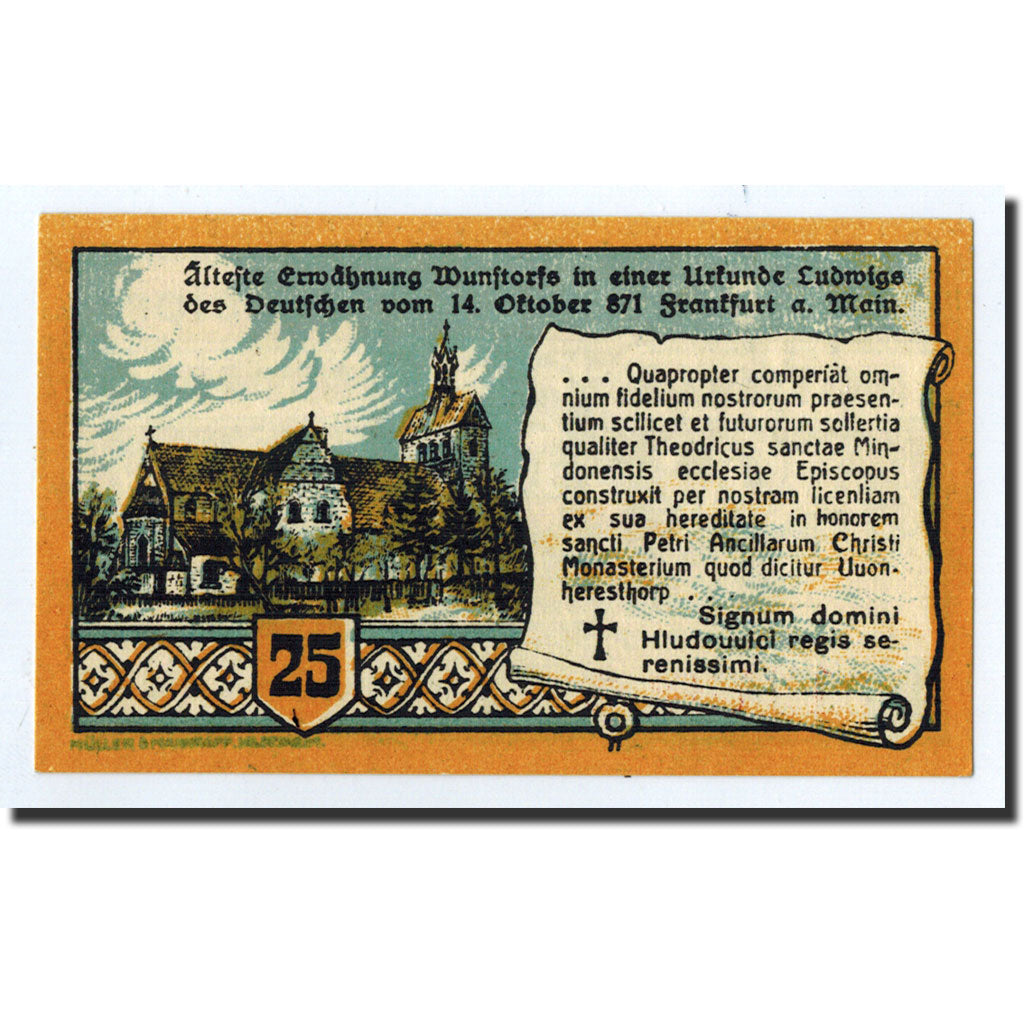 Biljet, Duitsland, Wunstorf, 25 Pfennig, Eglise, 1920, 1920-11-15, SPL