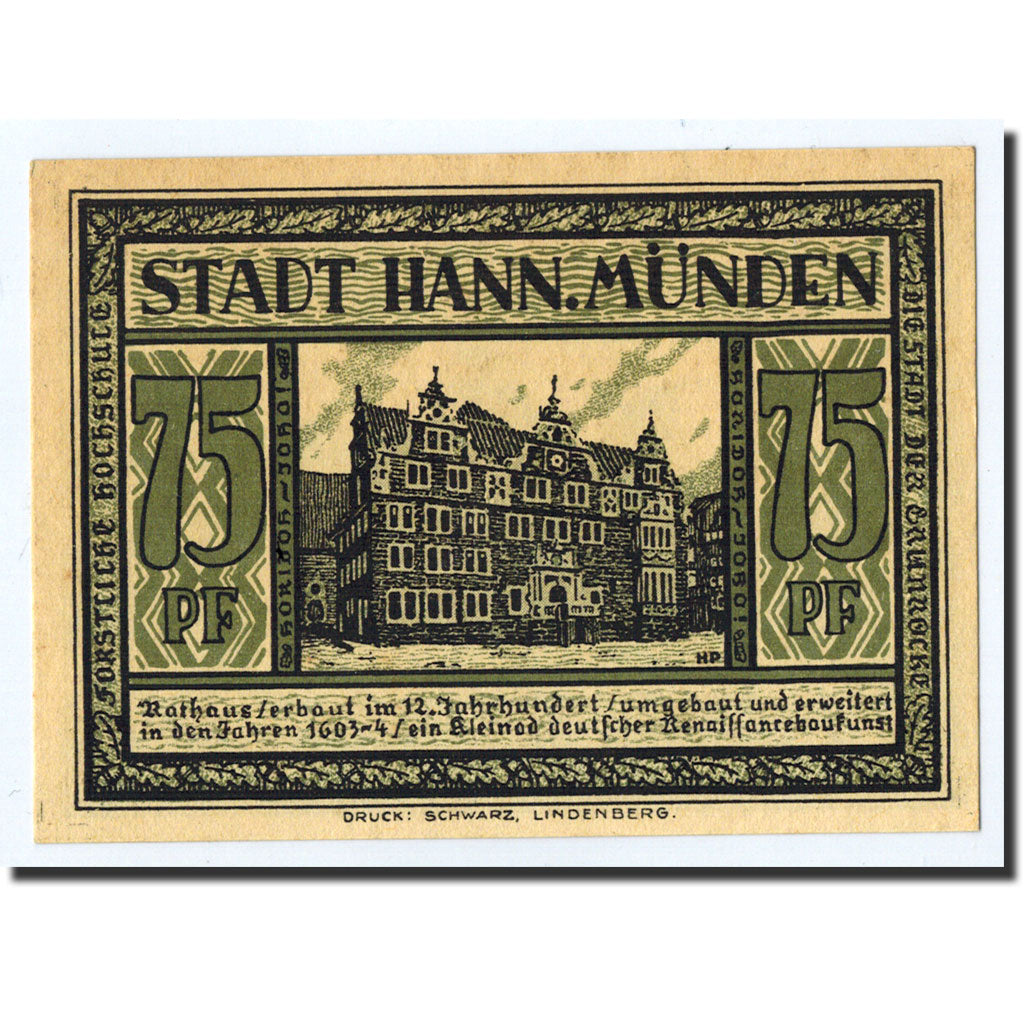 Biljet, Duitsland, Hann. Münden, 75 Pfennig, château, O.D, Undated, NIEUW