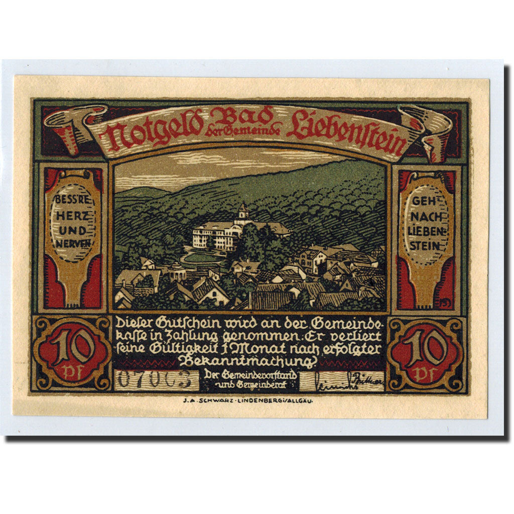 Billet, Allemagne, Liebenstein Bad Gemeinde, 10 Pfennig, paysage, O.D, Undated