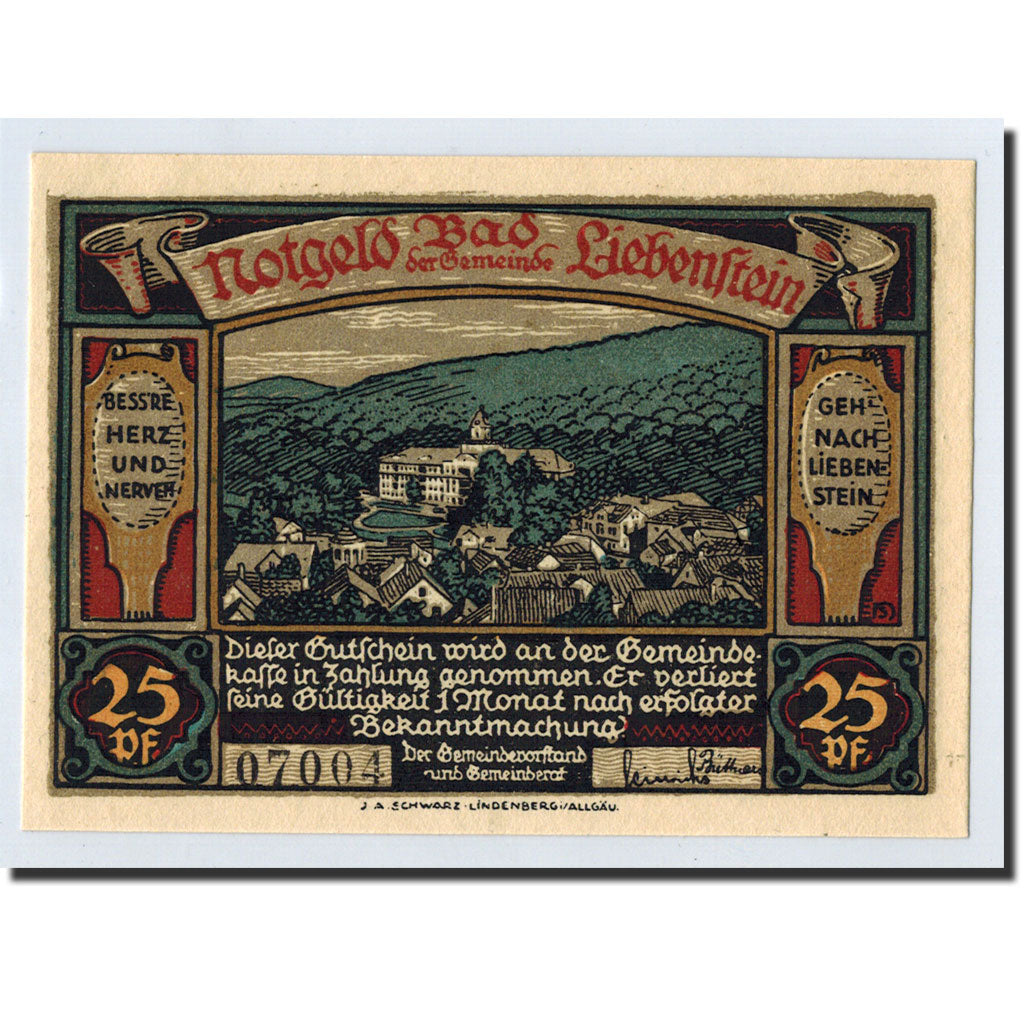 Billet, Allemagne, Liebenstein Bad Gemeinde, 25 Pfennig, cascade, O.D, Undated