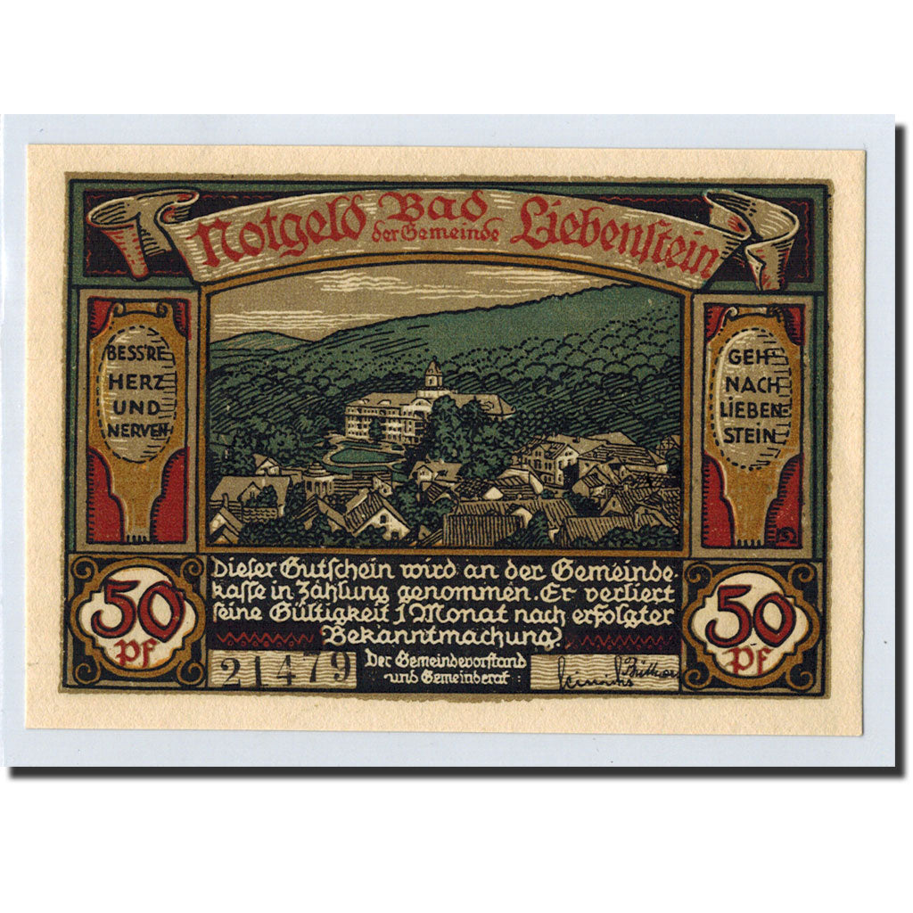 Billet, Allemagne, Liebenstein Bad Gemeinde, 50 Pfennig, Monument, O.D, Undated