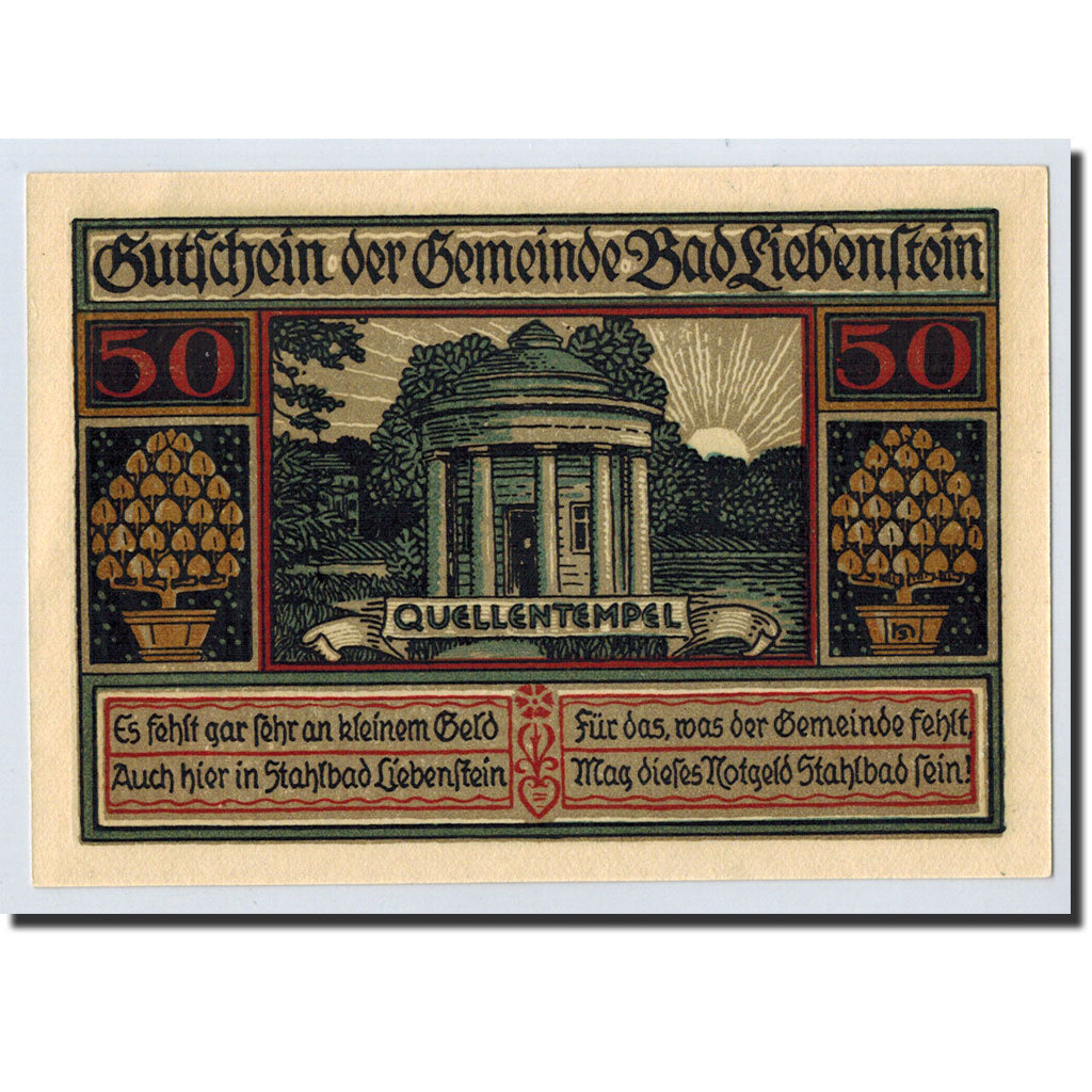 Billet, Allemagne, Liebenstein Bad Gemeinde, 50 Pfennig, Monument, O.D, Undated