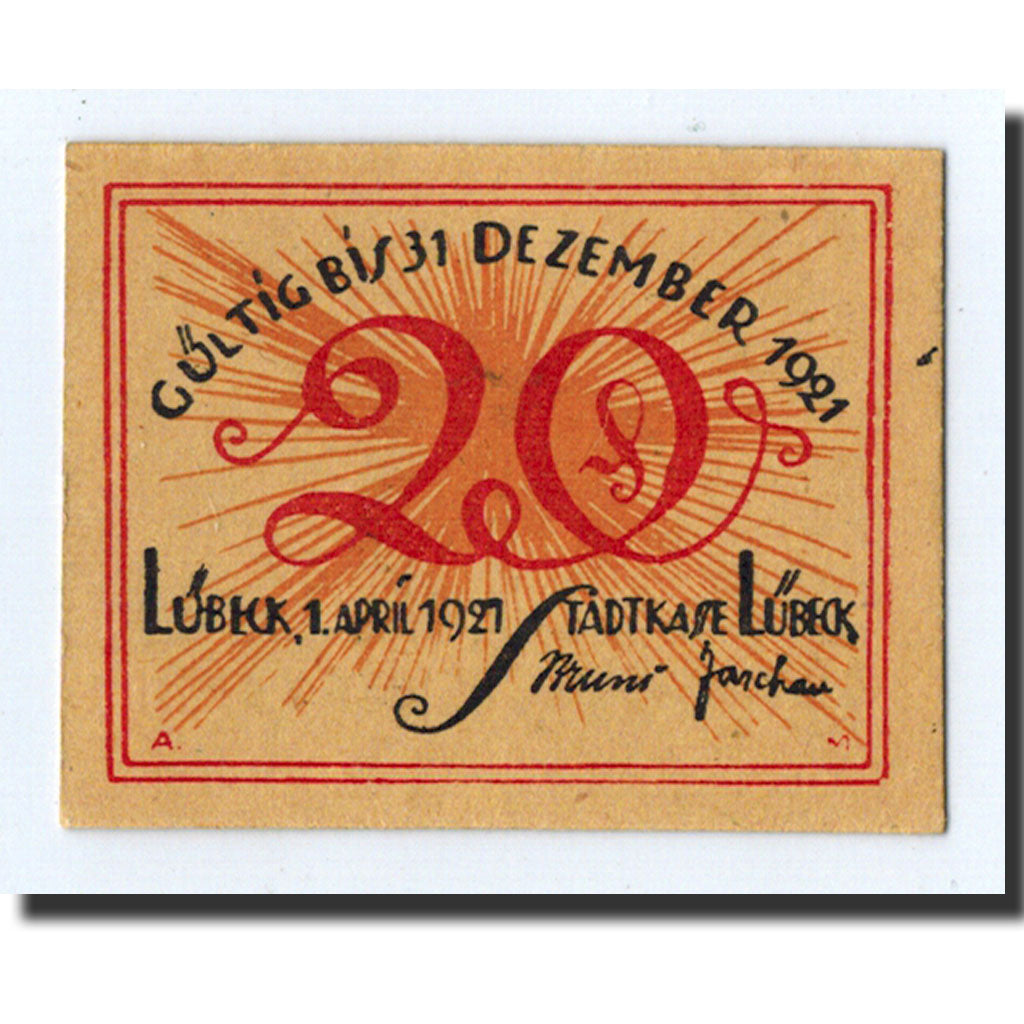 Banknote, Germany, Lübeck, 20 Pfennig, oeuf, 1921, 1921-04-01, UNC(63)