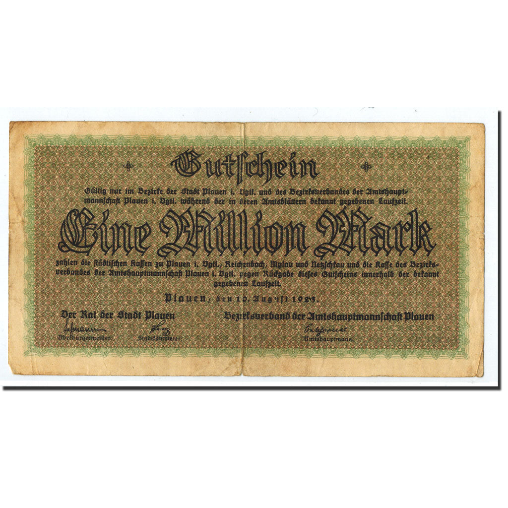 Banknote, Germany, Plauen, 1 Million Mark, graphique, 1923, 1923-08-10