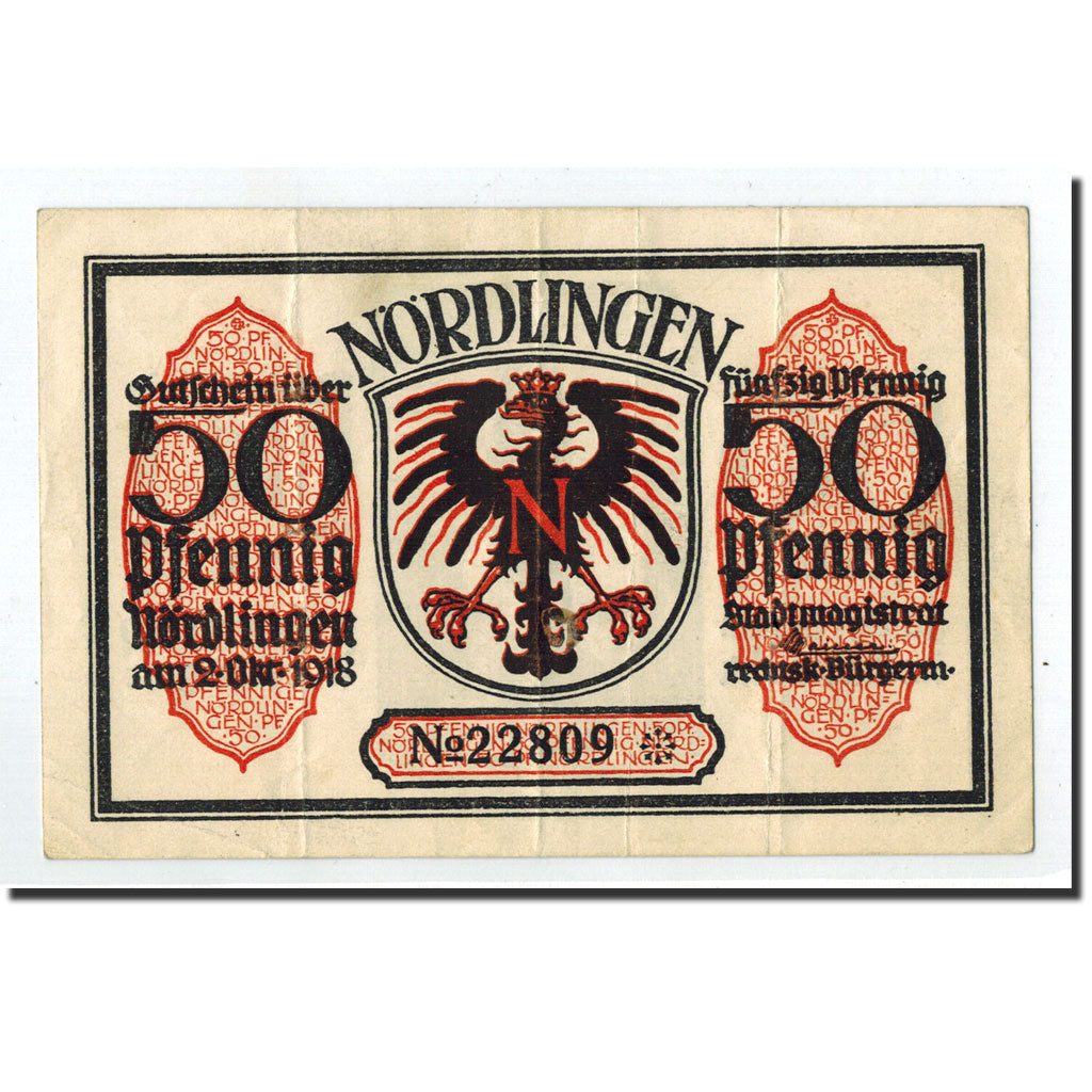 Banknote, Germany, Nordlingen, 50 Pfennig, Monument, 1918, 1918-10-02, AU(50-53)