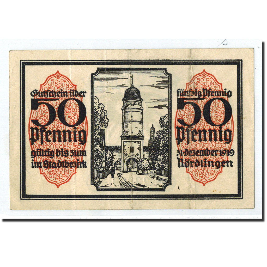 Banknote, Germany, Nordlingen, 50 Pfennig, Monument, 1918, 1918-10-02, AU(50-53)