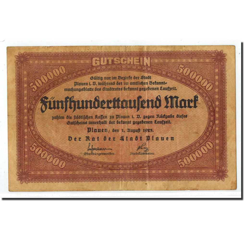 Banknote, Germany, Plauen, 500 000 Mark, graphique, 1923, 1923-08-01, AU(50-53)