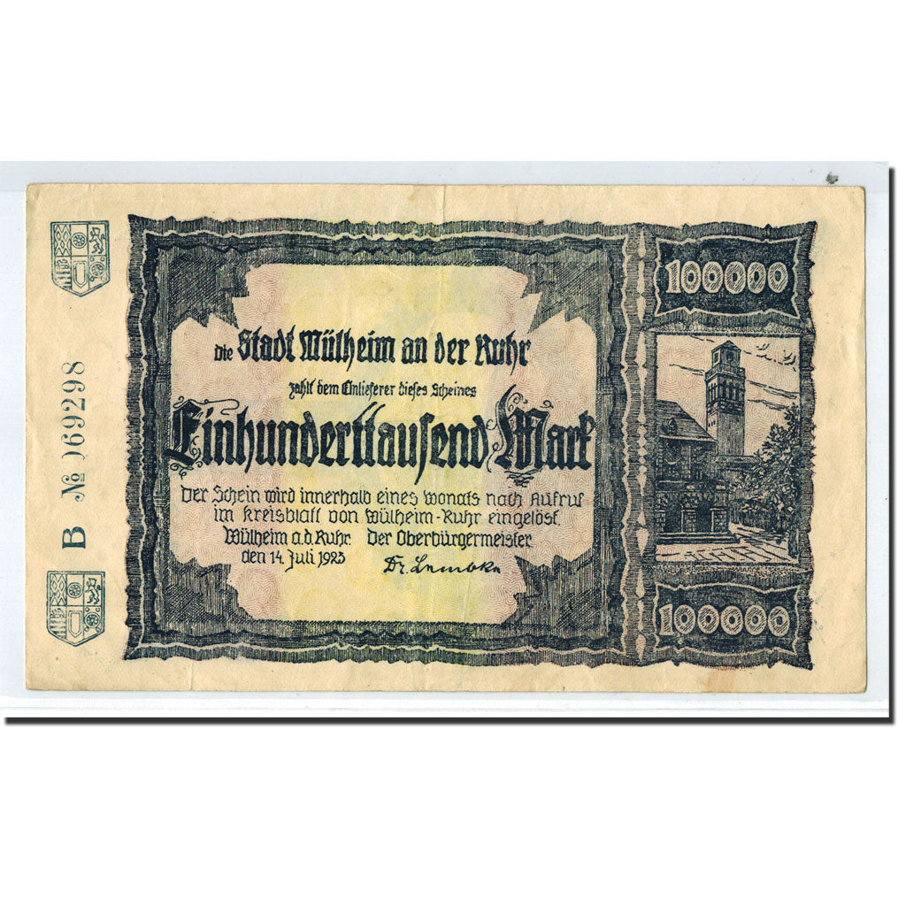 Banknote, Germany, Mülheim, 100 000 Mark, village, 1923, 1923-07-14, AU(55-58)
