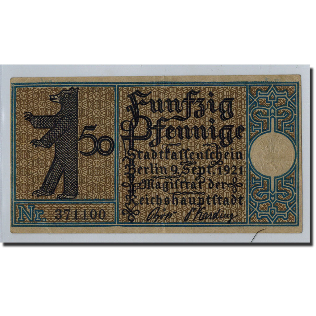 Banconote, Germania, Berlin Stadt, 50 Pfennig, place 3, 1921, 1921-09-09, SPL