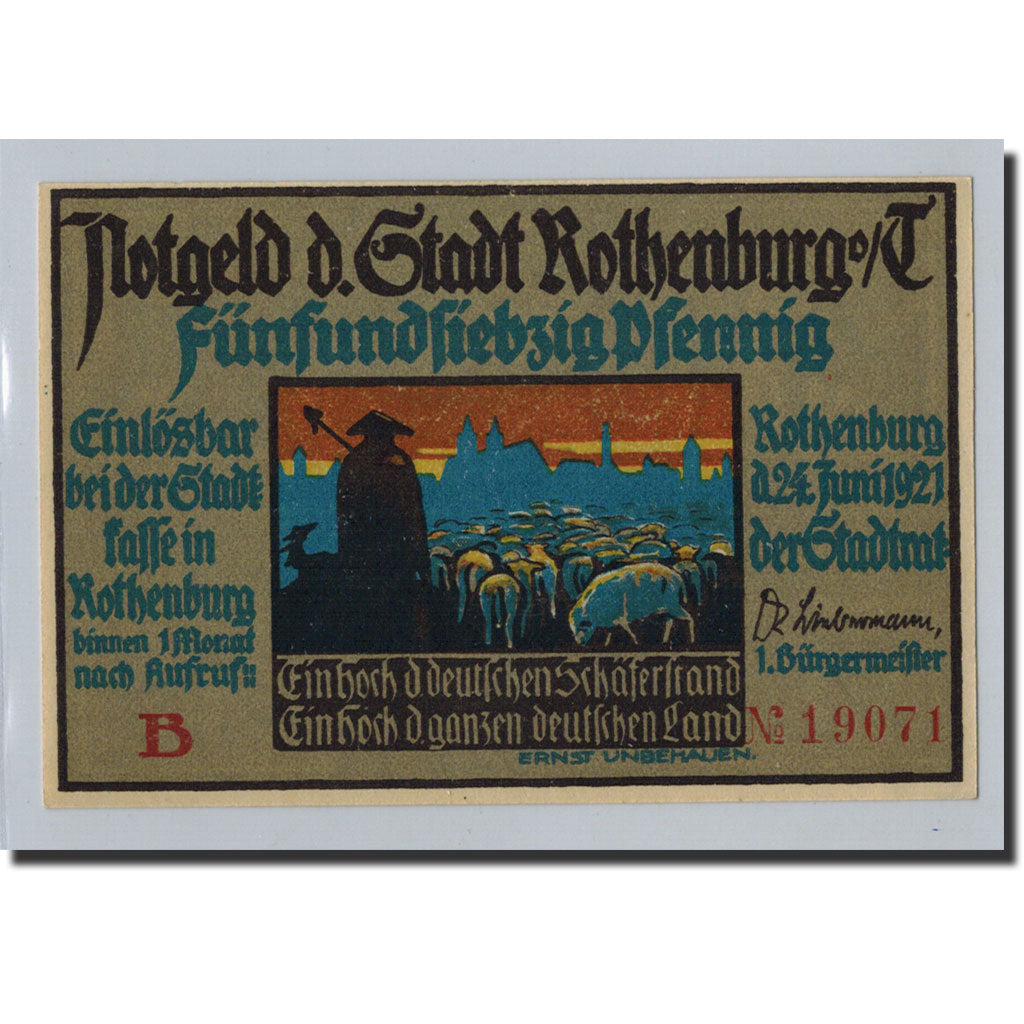 Geldschein, Deutschland, Rothenburg o.T. Stadt, 75 Pfennig, personnage 2, 1921