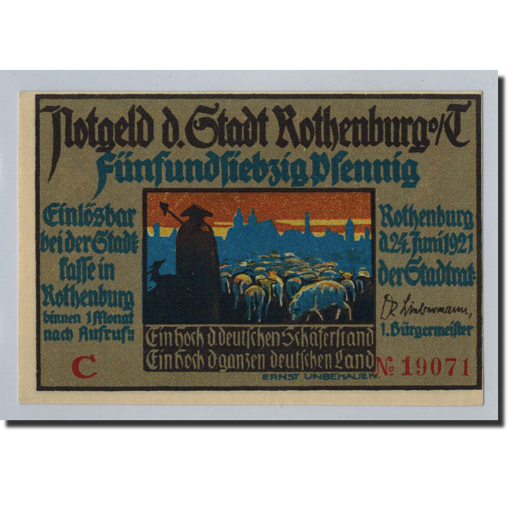 Billete, Alemania, Rothenburg o.T. Stadt, 75 Pfennig, personnage 3, 1921