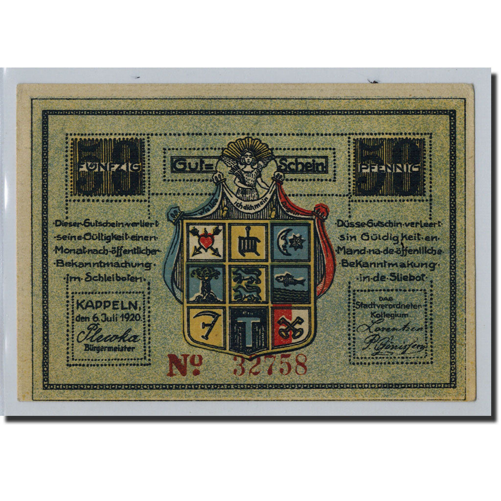 Banknote, Germany, Kappeln Stadt, 50 Pfennig, pêcheur, 1920, 1920-07-06