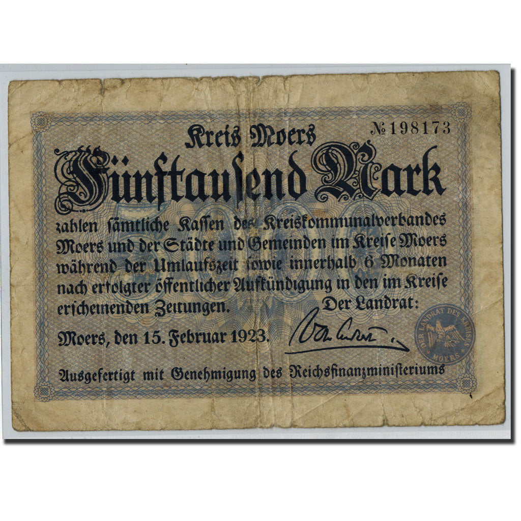 Banknote, Germany, Moers, 5000 Mark, Ecusson, 1923, 1923-02-15, EF(40-45)