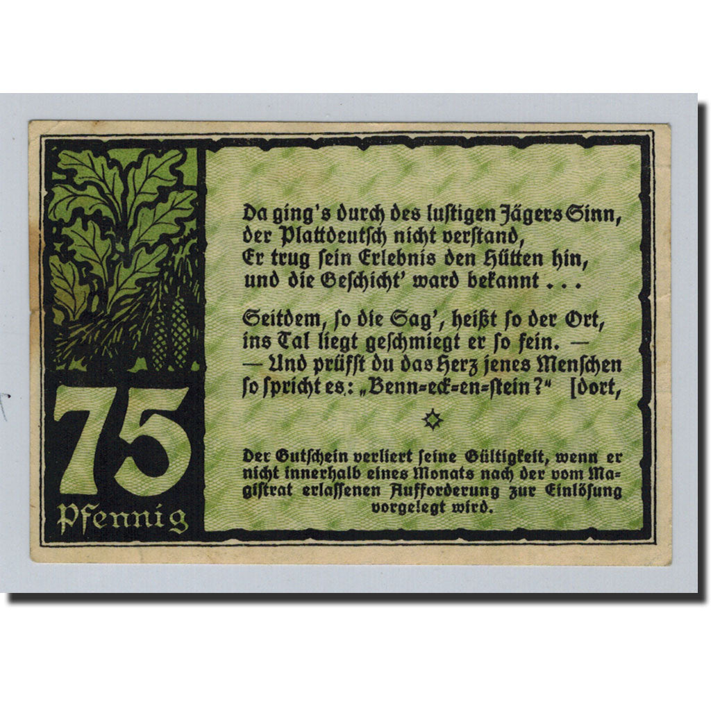 Banknote, Germany, Benneckenstein, 75 Pfennig, paysage, 1921, Undated