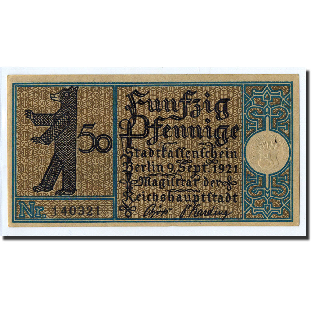 Billet, Allemagne, Berlin Stadt, 50 Pfennig, paysage 11, 1921, 1921-09-09, NEUF