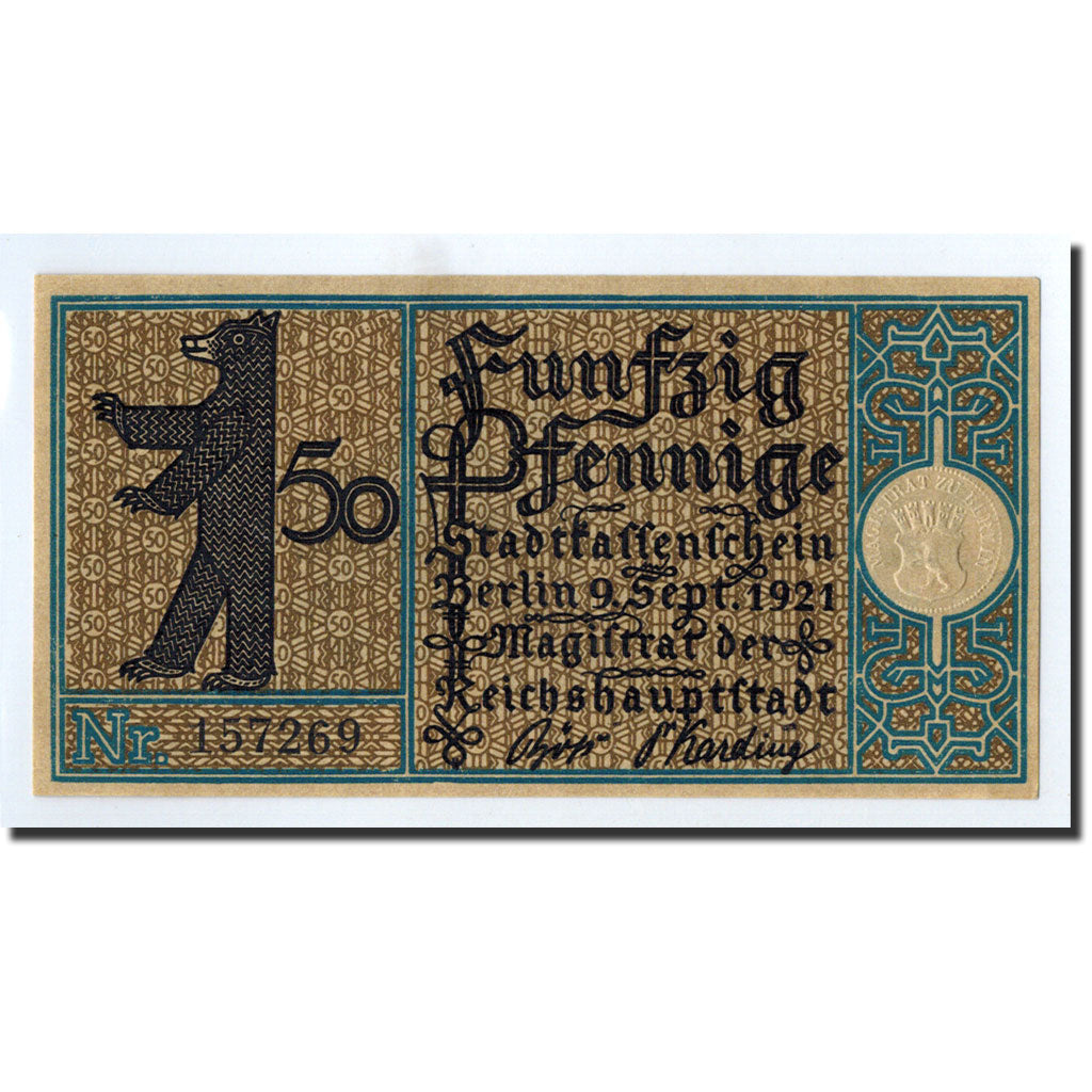 Billet, Allemagne, Berlin Stadt, 50 Pfennig, paysage 12, 1921, 1921-09-09, NEUF