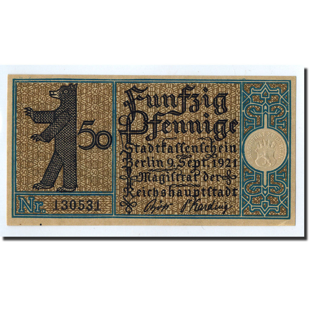 Banconote, Germania, Berlin Stadt, 50 Pfennig, paysage 13, 1921, 1921-09-09
