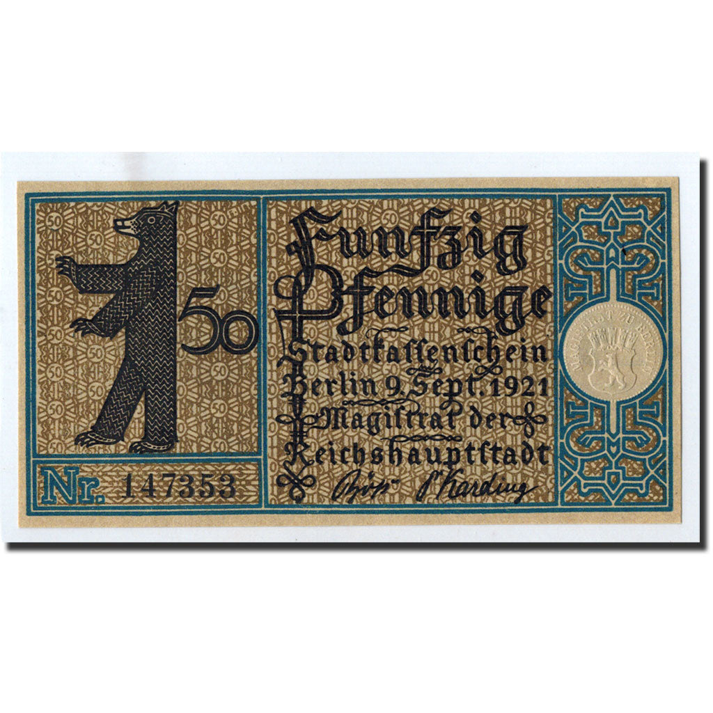 Billet, Allemagne, Berlin Stadt, 50 Pfennig, paysage 15, 1921, 1921-09-09, NEUF