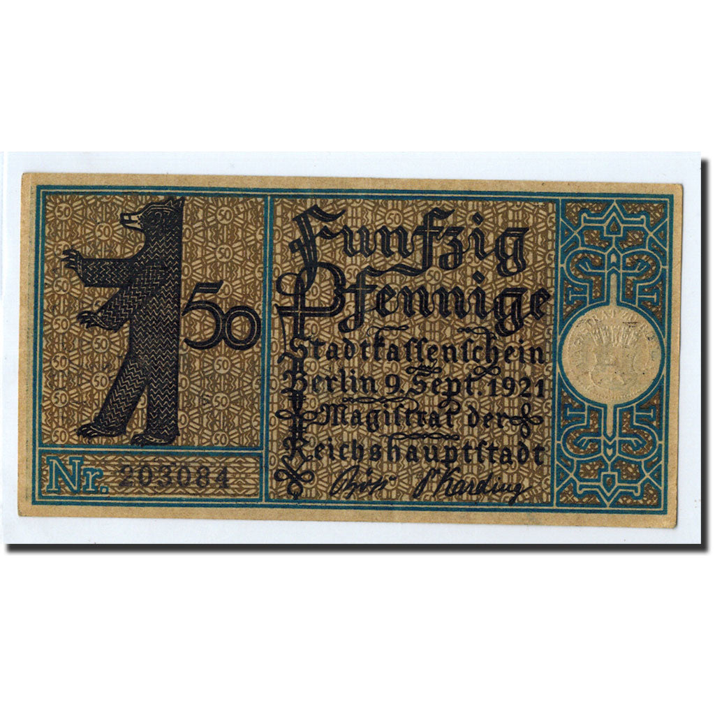 Billet, Allemagne, Berlin Stadt, 50 Pfennig, paysage 16, 1921, 1921-09-09, NEUF