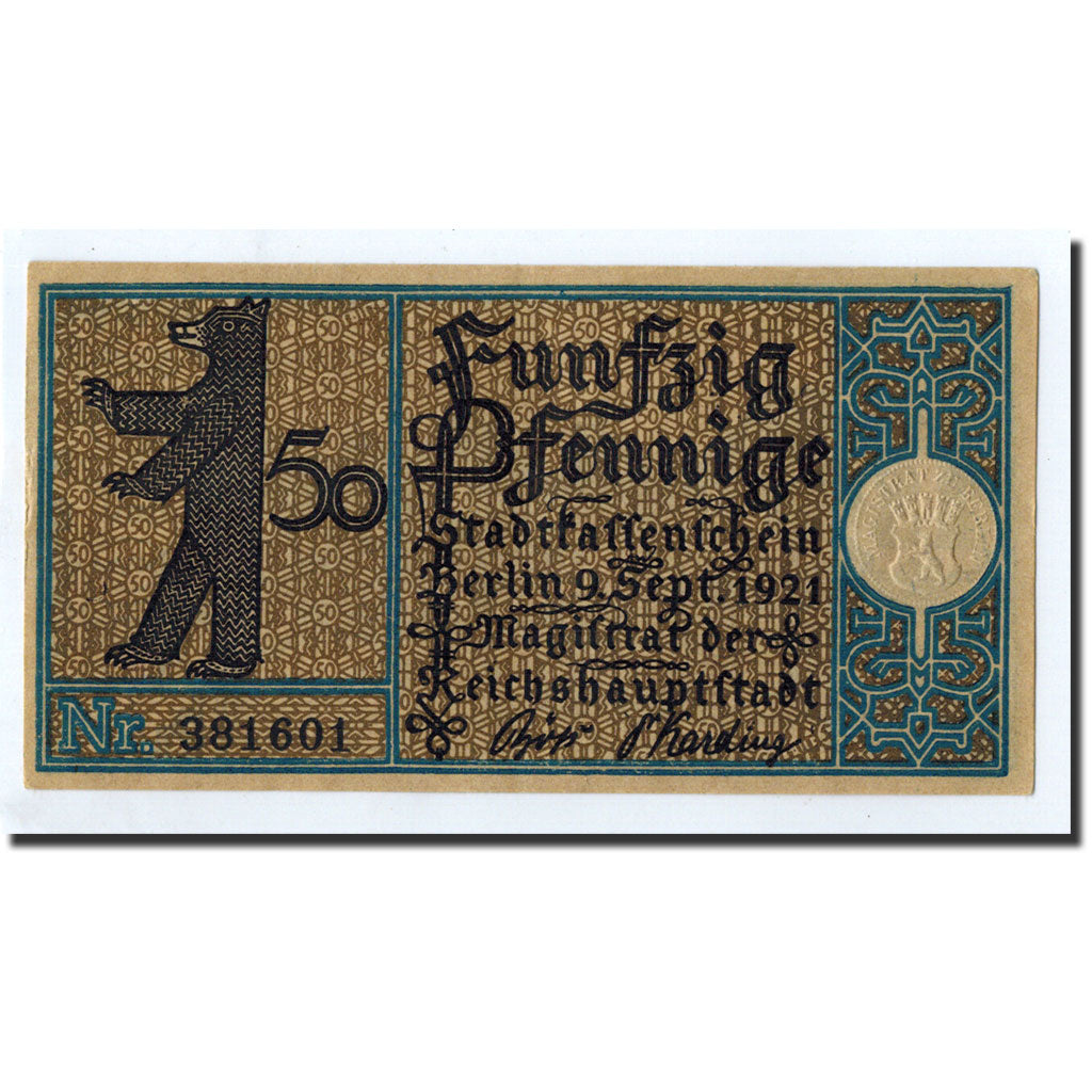 Banconote, Germania, Berlin Stadt, 50 Pfennig, paysage 18, 1921, 1921-09-09