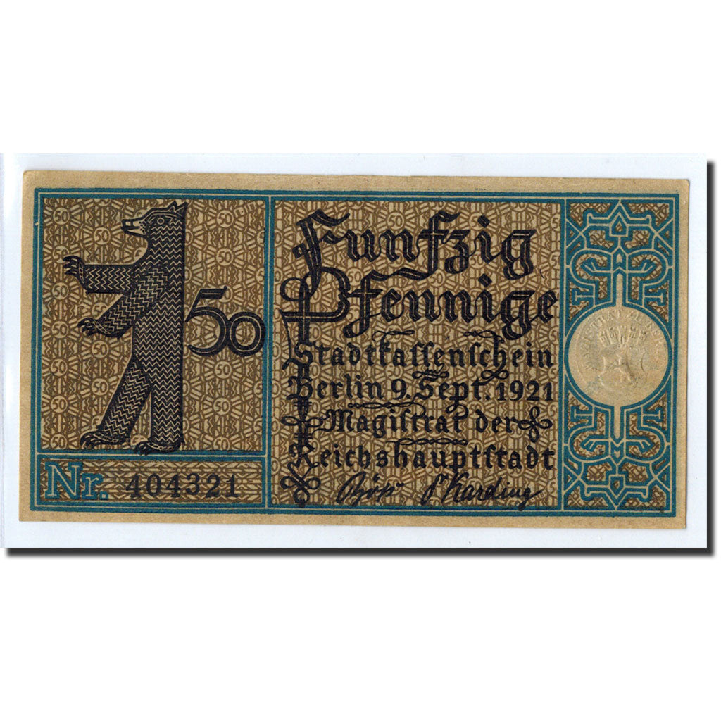Banconote, Germania, Berlin Stadt, 50 Pfennig, paysage 19, 1921, 1921-09-09