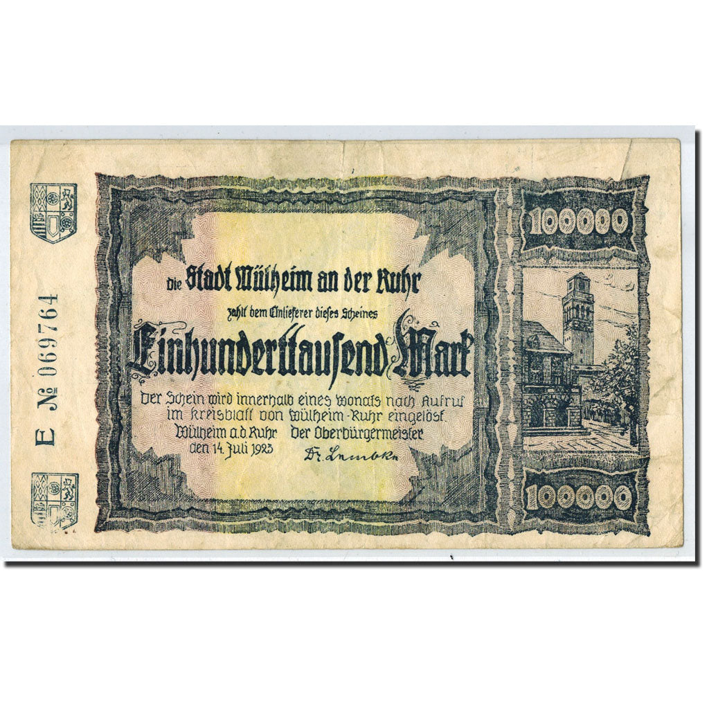 Billet, Allemagne, Mülheim ad Ruhr, 100 000 Mark, paysage, 1923, 1923-07-14