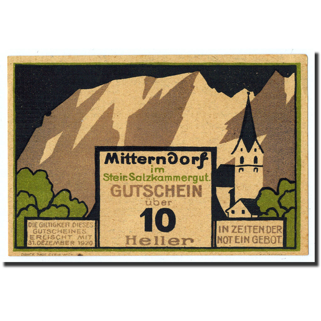 Geldschein, Österreich, Mitterndorf, 10 Heller, paysage, 1920, 1920-12-31, UNZ-