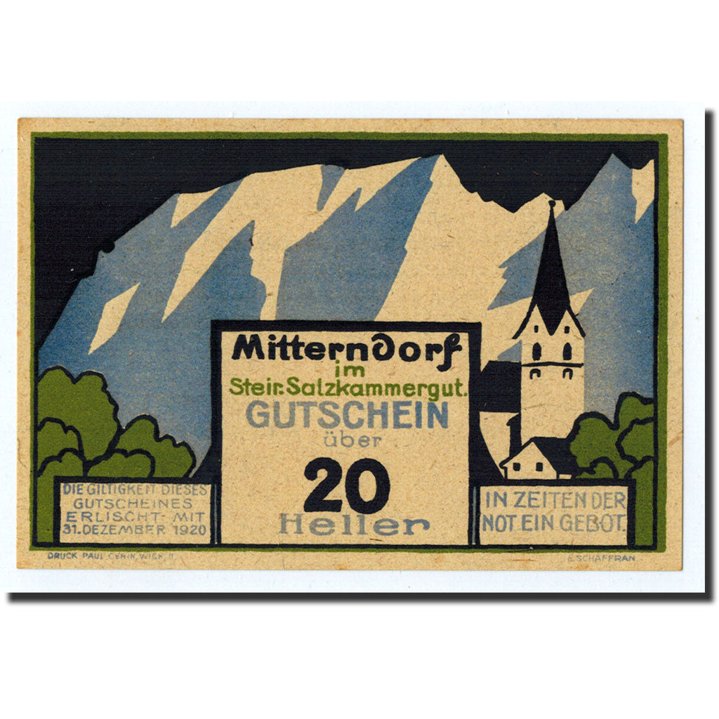 Geldschein, Österreich, Mitterndorf, 20 Heller, paysage, 1920, 1920-12-31, UNZ-