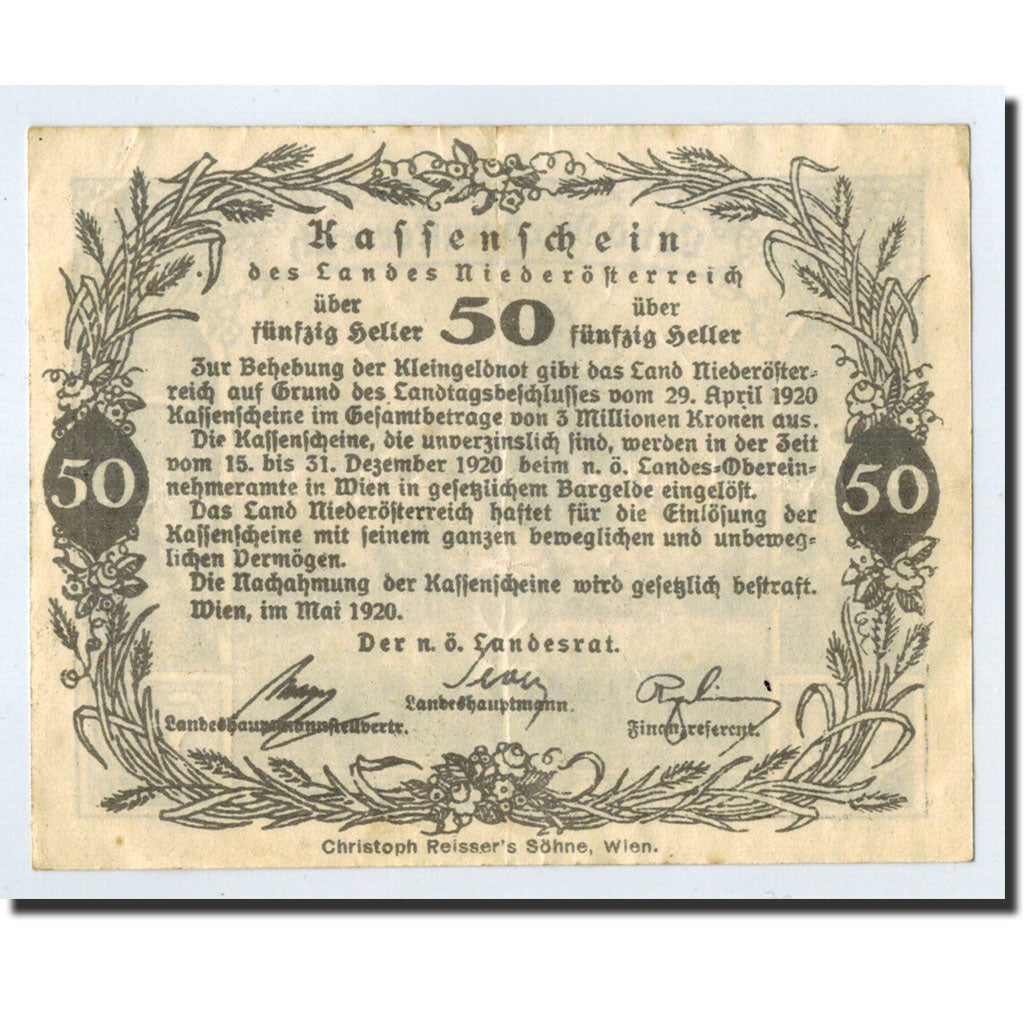 Geldschein, Österreich, Vienne, 50 Heller, agriculteur, 1920, UNZ-