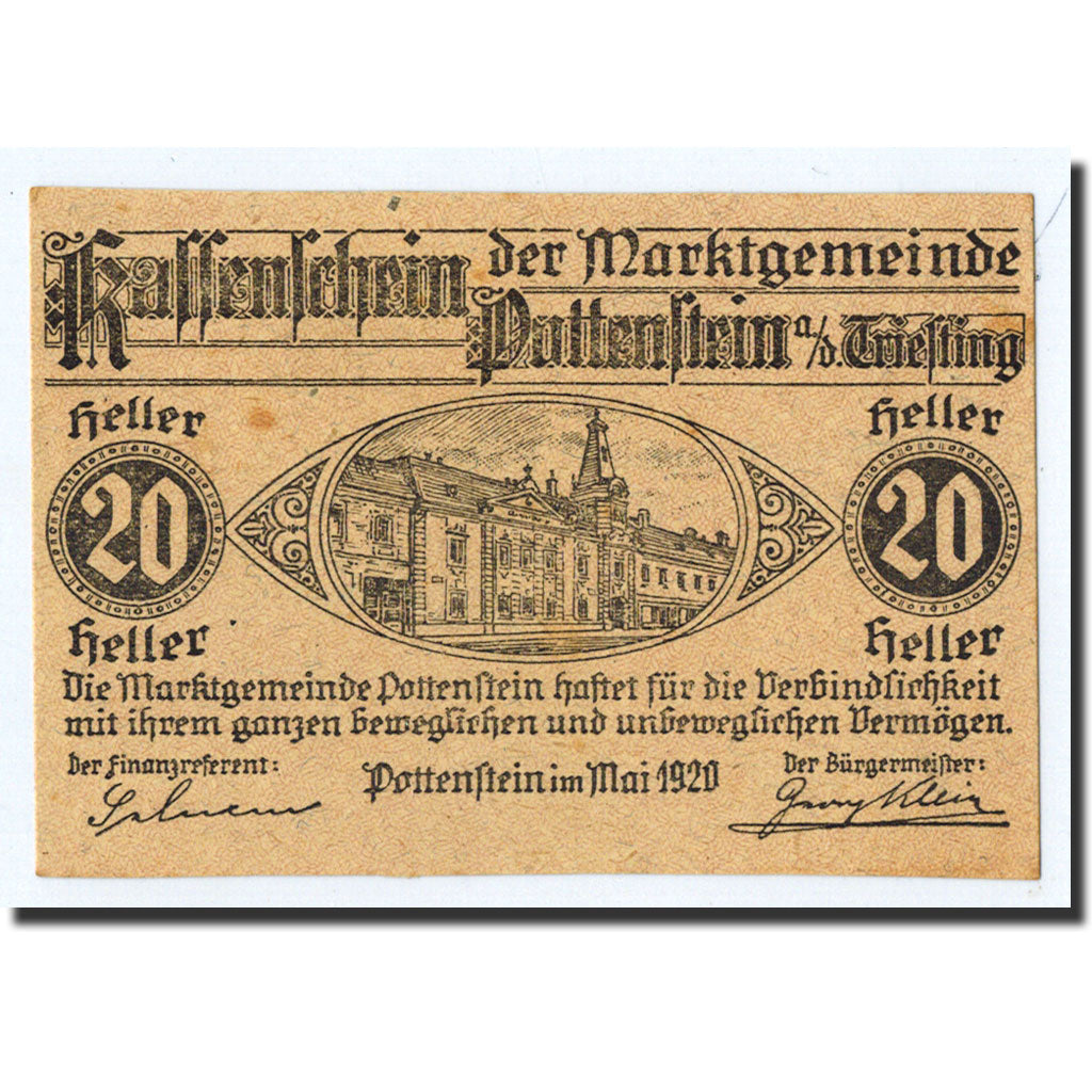 Geldschein, Österreich, Pottenftein, 20 Heller, Batiment, 1920, UNZ-