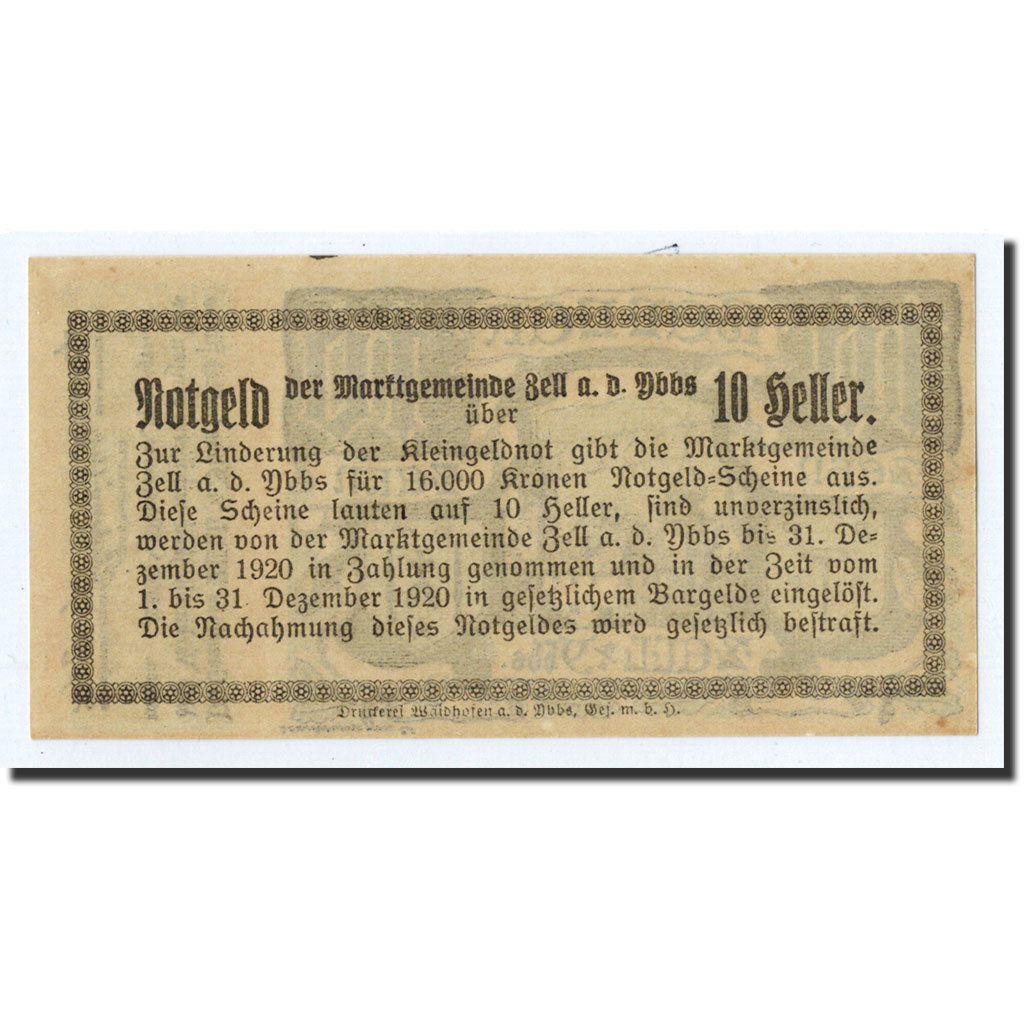 Geldschein, Österreich, Zell a/d Ybbs, 10 Heller, village, 1920, 1920-04-10