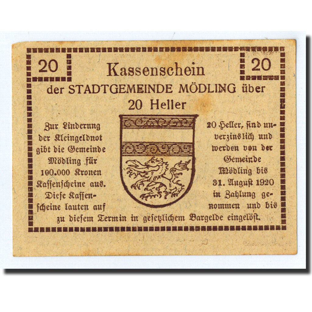 Geldschein, Österreich, Mödling, 20 Heller, Ecusson, 1920, 1920-08-31, UNZ-