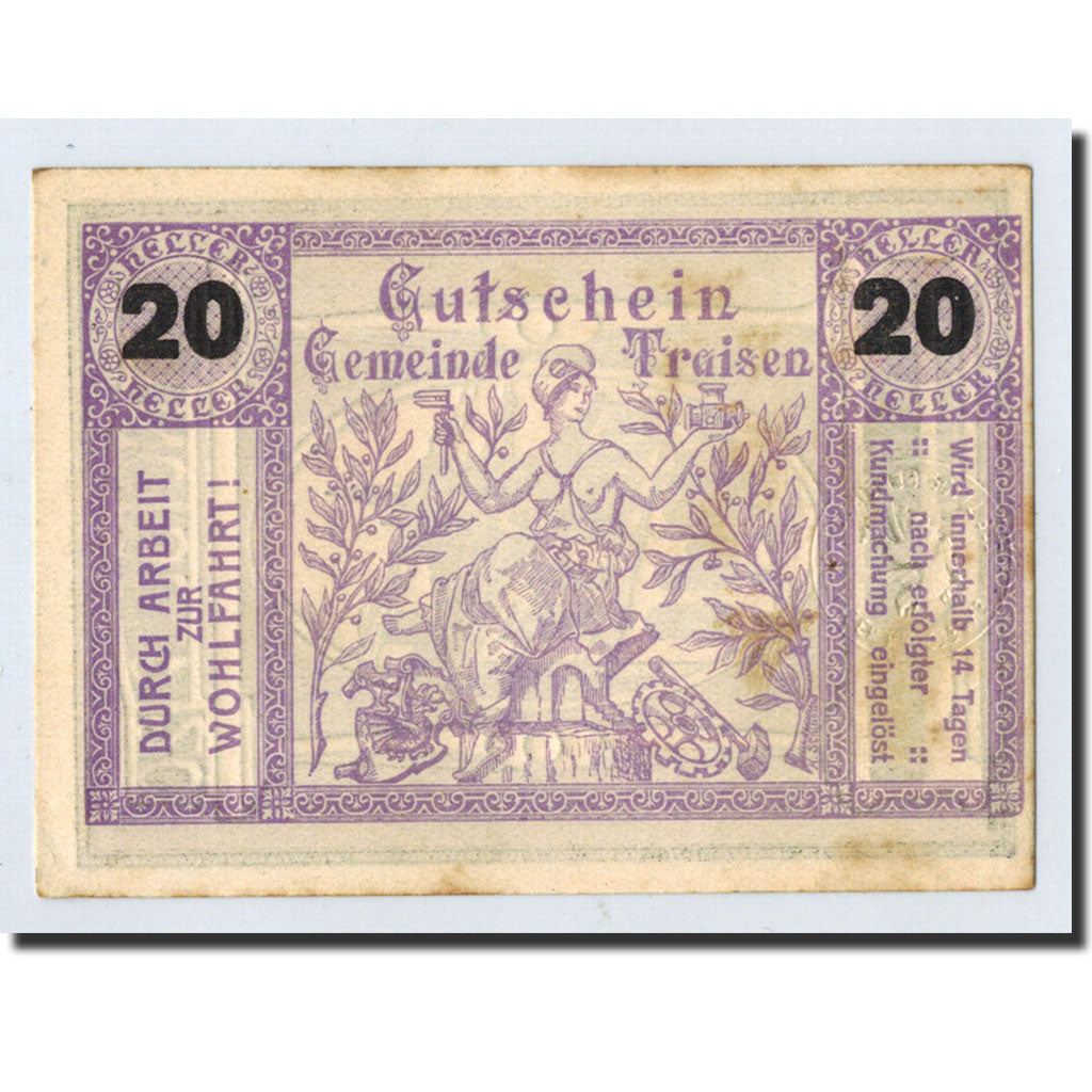 Geldschein, Österreich, Traisen, 20 Heller, personnage, Undated, Undated, UNZ-