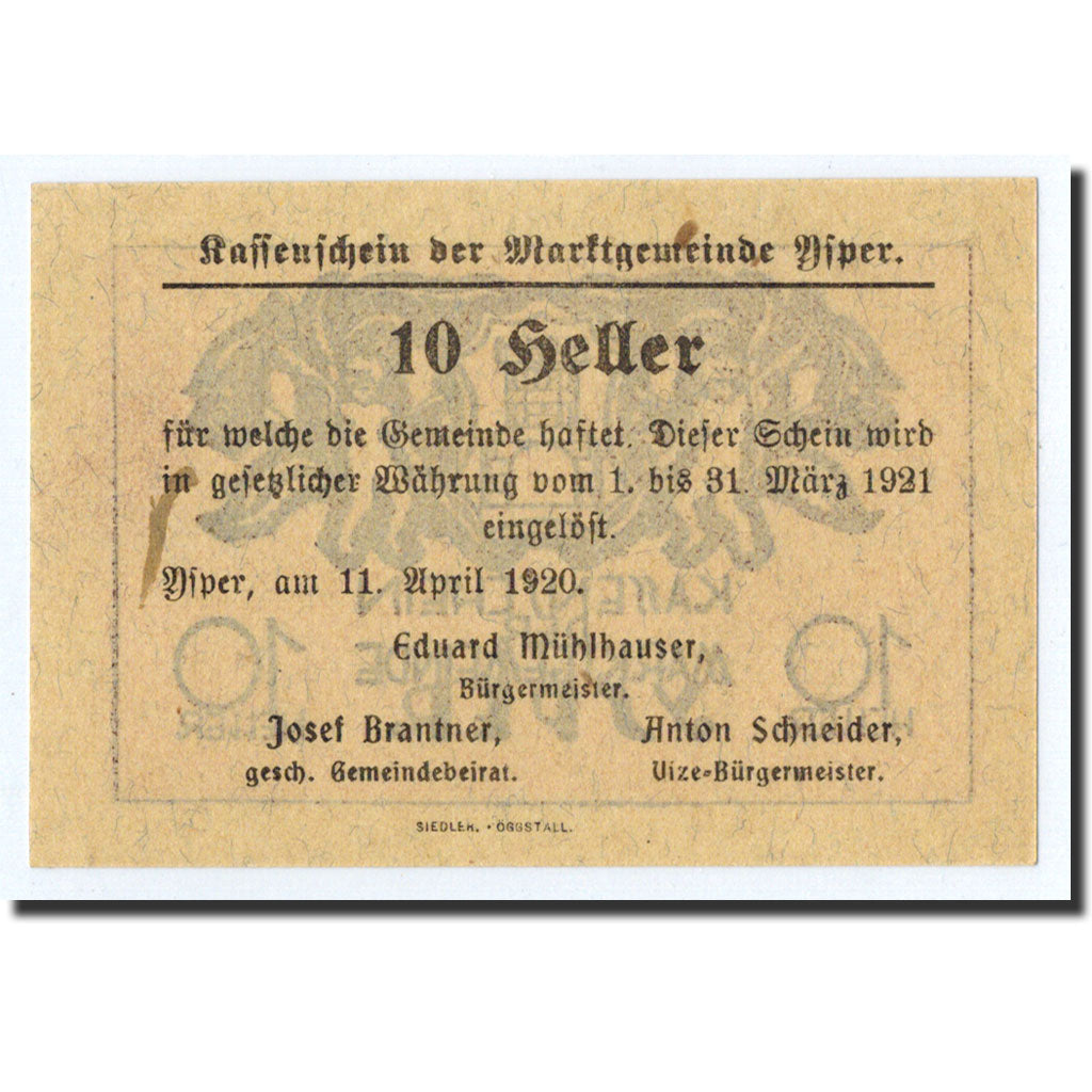 Geldschein, Österreich, Ysper, 10 Heller, personnage, 1921, 1921-03-31, UNZ
