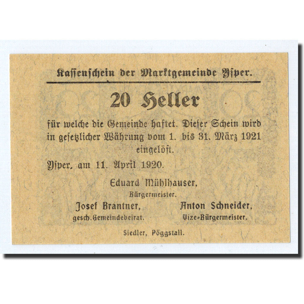 Geldschein, Österreich, Ysper, 20 Heller, village, 1921, 1921-03-31, UNZ