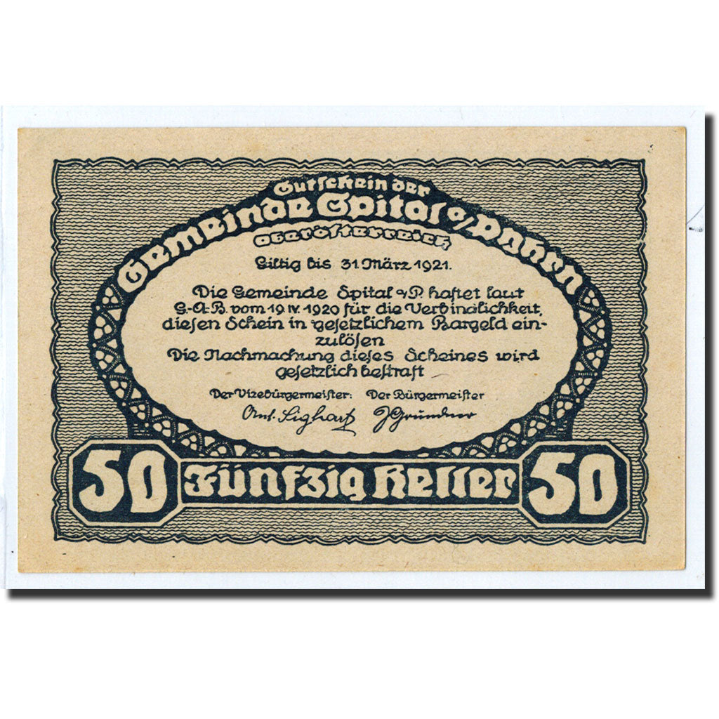 Geldschein, Österreich, Spital am Ryhrm, 50 Heller, paysage, 1921, 1921-03-31
