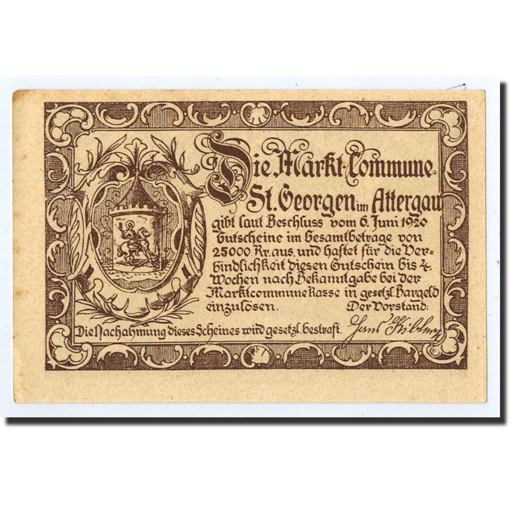 Geldschein, Österreich, St Georgen im Attergau, 20 Heller, bûcheron, 1920