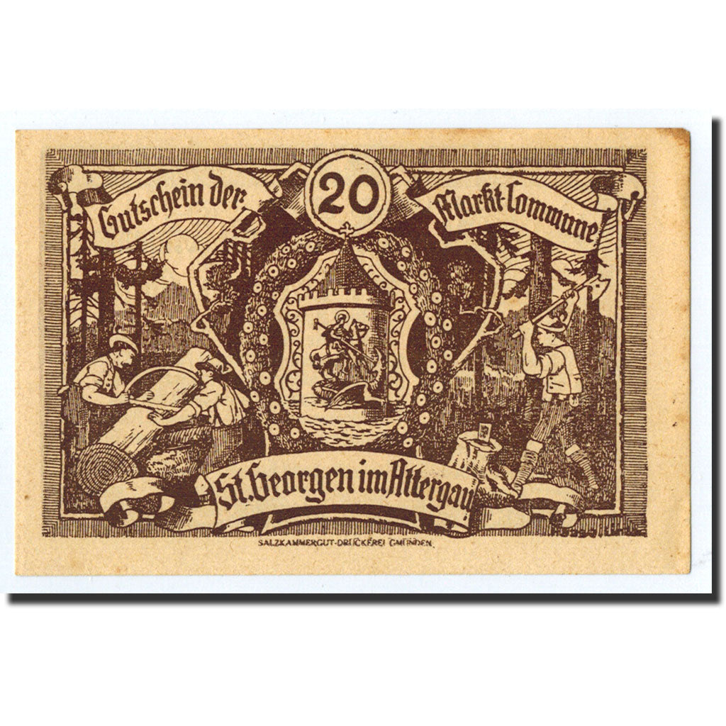 Geldschein, Österreich, St Georgen im Attergau, 20 Heller, bûcheron, 1920