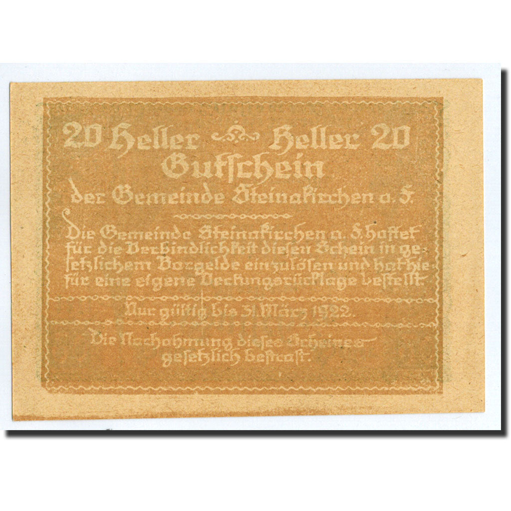 Geldschein, Österreich, Steinakirchen am Forst, 20 Heller, Eglise, 1920
