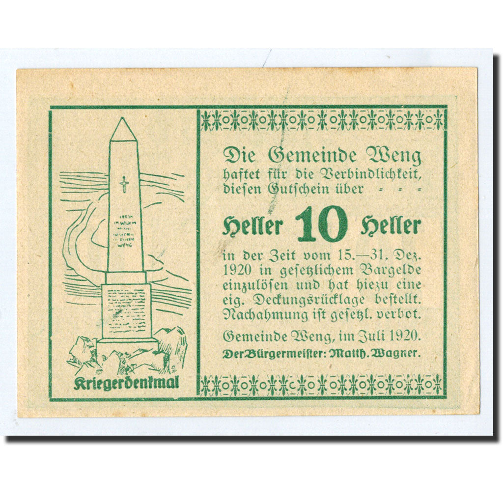 Geldschein, Österreich, Weng, 10 Heller, Monument, 1920, Undated, UNZ
