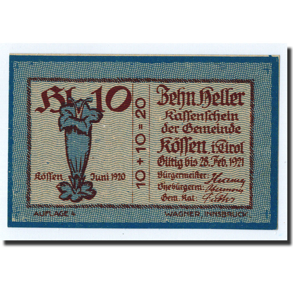 Geldschein, Österreich, Kössen, 10 Heller, Fleur, 1920, 1920-12-31, UNZ